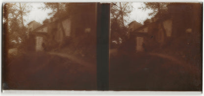 Maison de campagne, Plaque verre photo stéréo, positif noir & blanc 6x13 cm