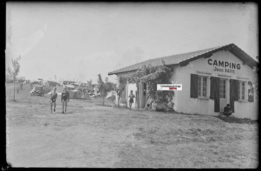 Bidart, camping Jean Paris, Plaque verre photo, négatif noir & blanc 10x15 cm