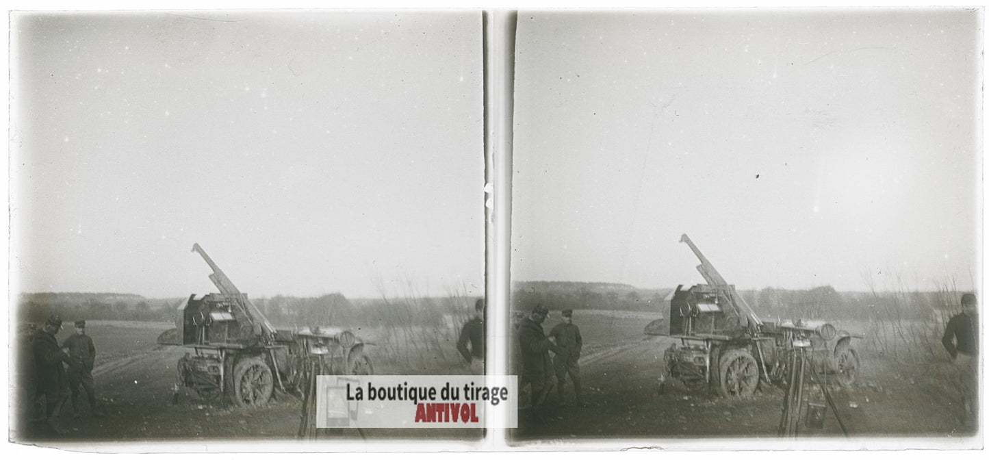 Pièce d’artillerie française, WW1, plaque verre photo ancienne stéréo 6x13 cm