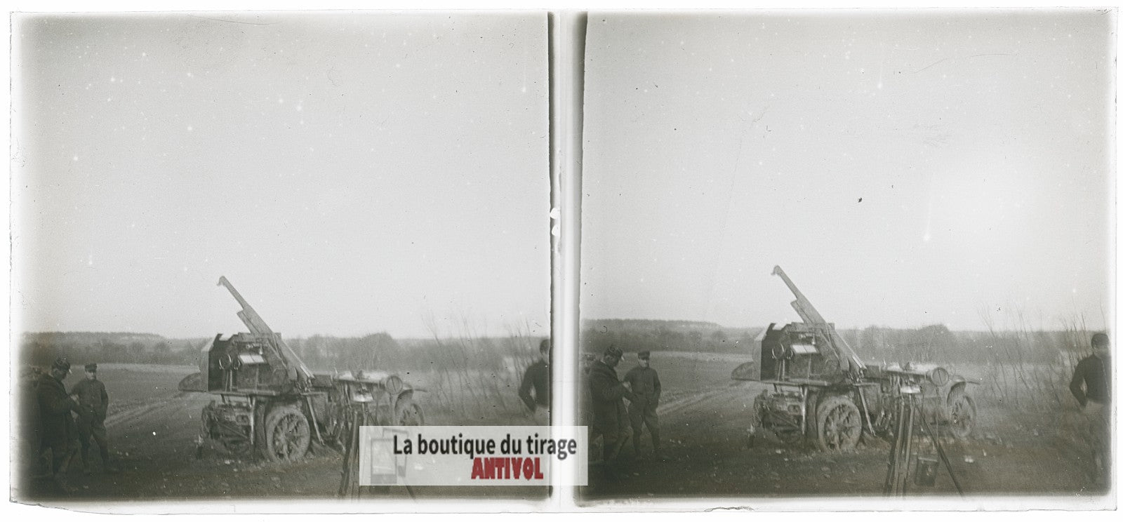 Pièce d’artillerie française, WW1, plaque verre photo ancienne stéréo 6x13 cm