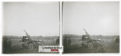 Pièce d’artillerie française, WW1, plaque verre photo ancienne stéréo 6x13 cm