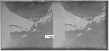 Montagne, village, Plaque verre photo stéréo, négatif noir & blanc 6x13 cm