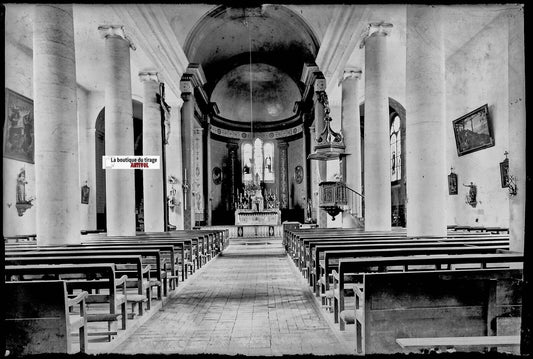 Mont-sous-Vaudrey, église, Plaque verre photo, négatif noir & blanc 10x15 cm