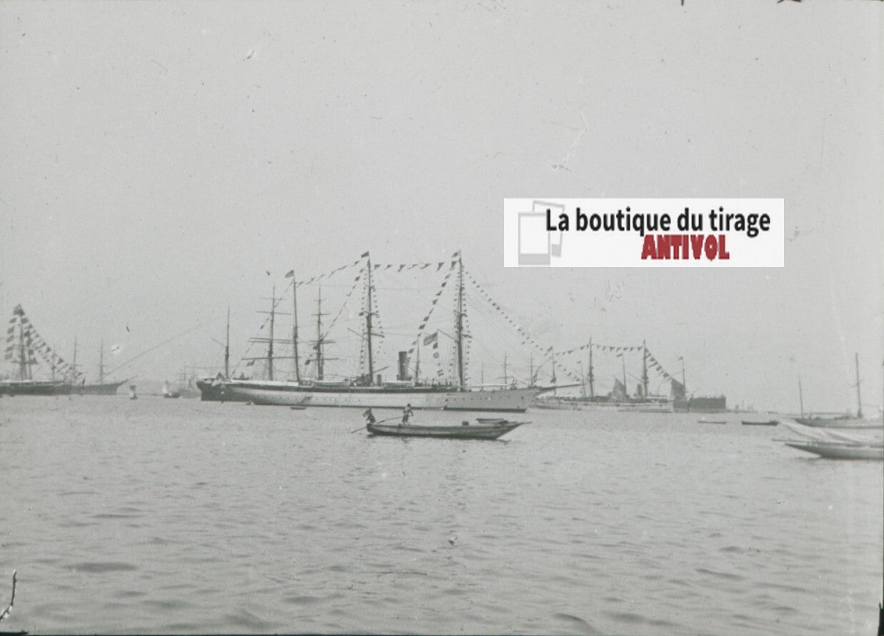 Japon, Bateaux, voiliers,  photo plaque verre, noir & blanc, positif 8,5x10 cm