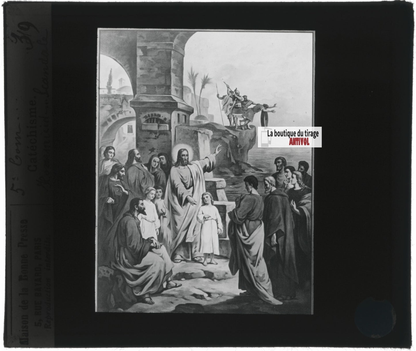 Scène religieuse, catéchisme, dessin peinture, plaque verre, positif 8,5x10 cm