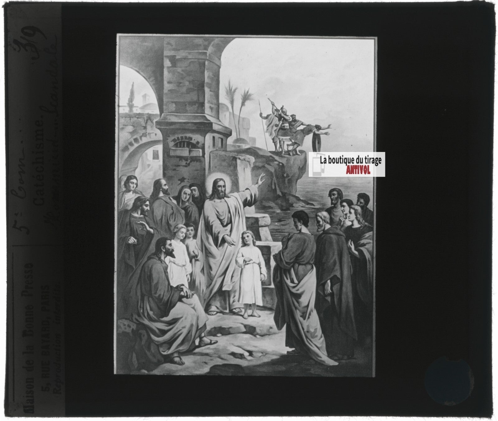 Scène religieuse, catéchisme, dessin peinture, plaque verre, positif 8,5x10 cm