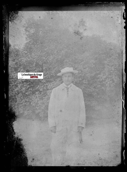 Homme, chapeau, Plaque verre photo ancienne, négatif noir & blanc 6x9 cm