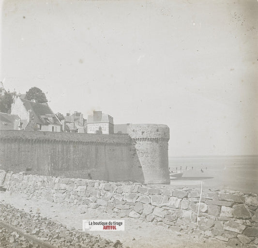 Mont-Saint-Michel, les remparts, plaque verre stéréo, photo ancienne 4,5x10,7 cm