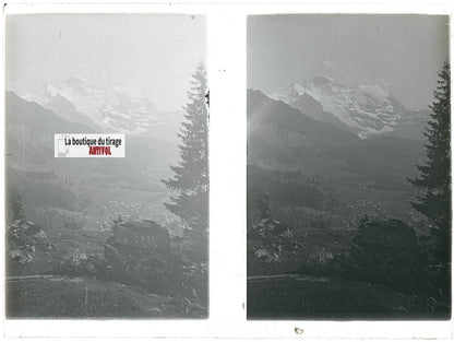 Montagnes, Alpes Suisse, stéréo photo plaque verre, noir & blanc, 9x12 cm