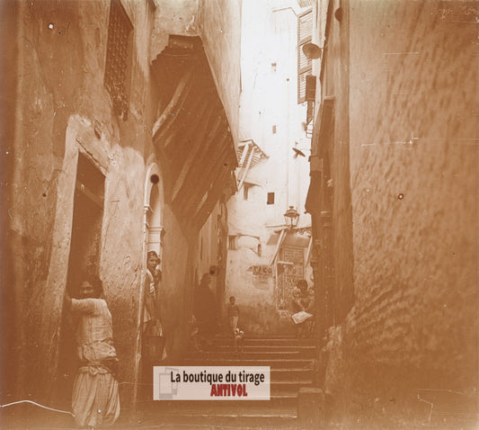 Ruelle de la Casbah, Alger, Algérie, plaque verre photo ancienne stéréo 6x13 cm