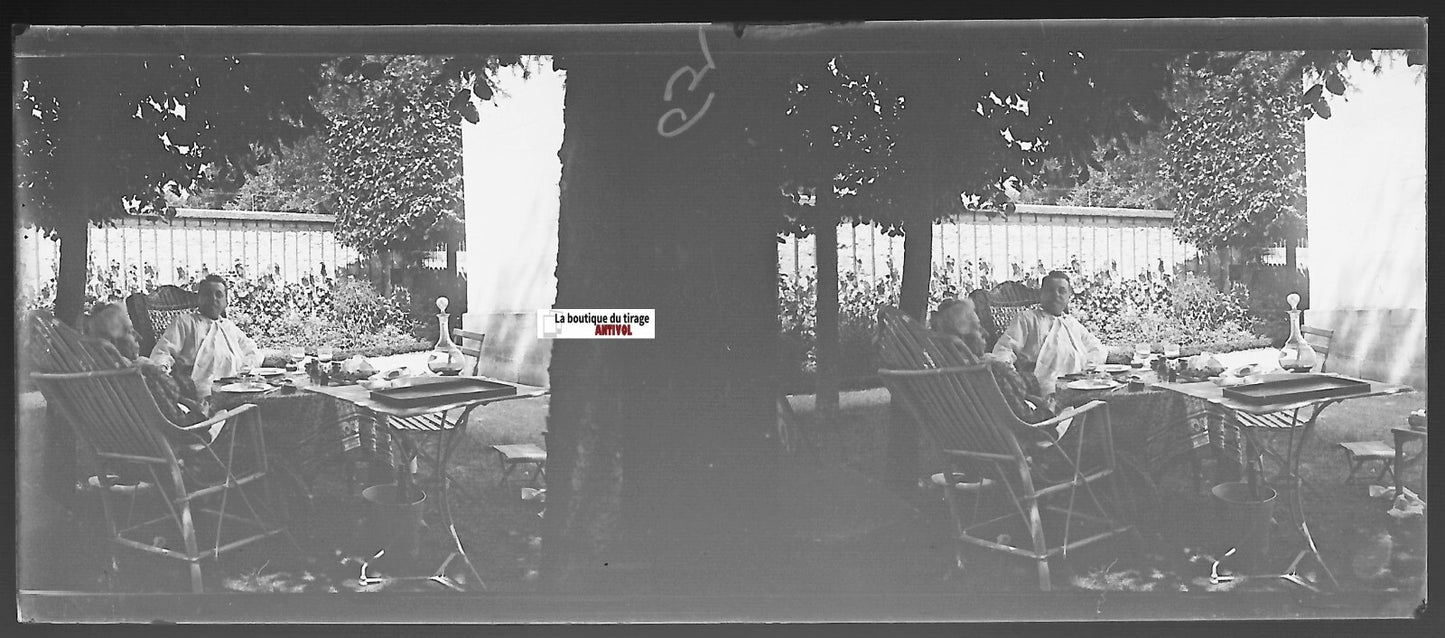 Apéritif, repas, Plaque verre photo stéréo, négatif noir & blanc 4,5x10,7 cm