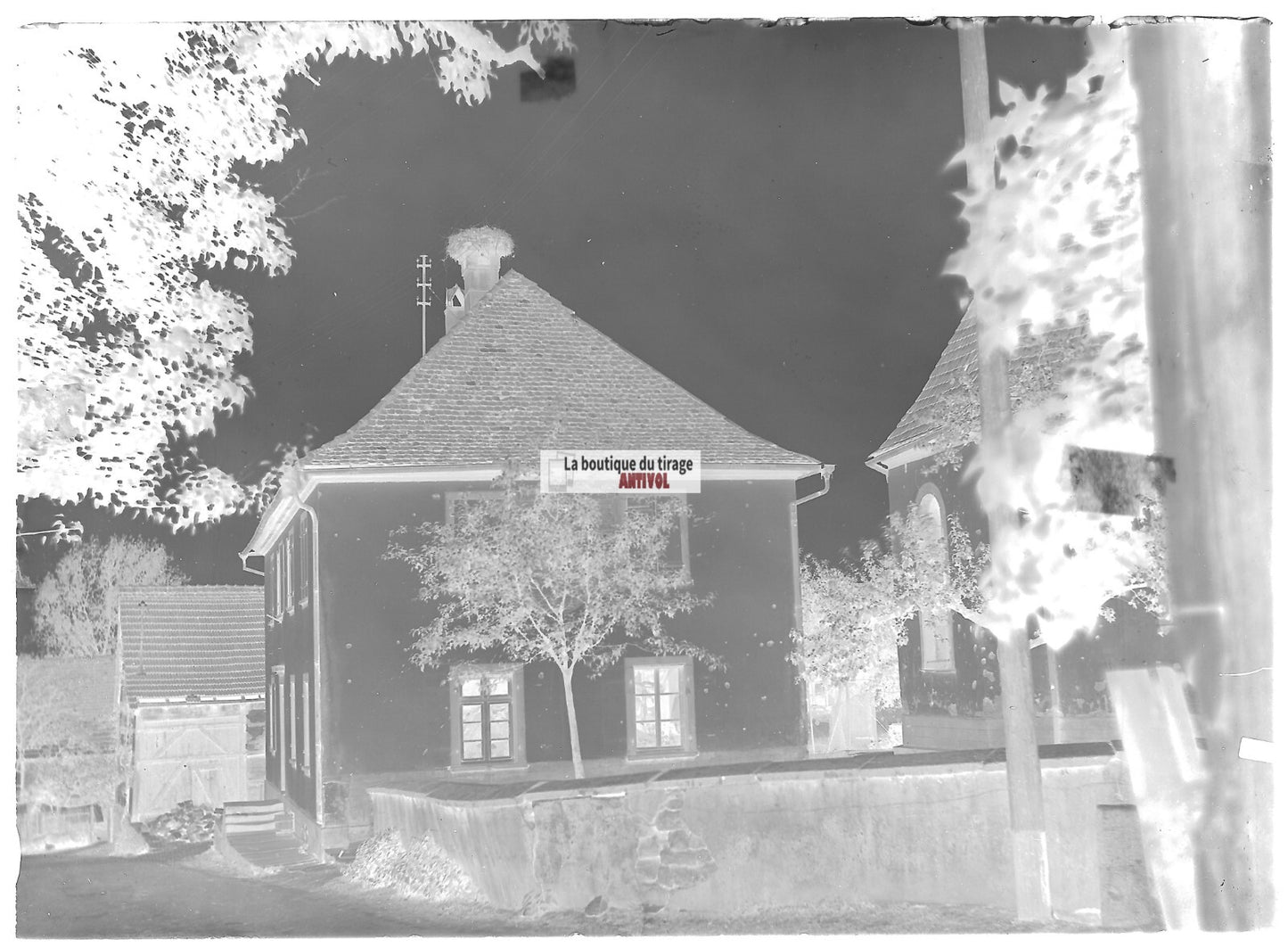 Plaque verre photo ancienne négatif noir et blanc 13x18 cm maison village Alsace