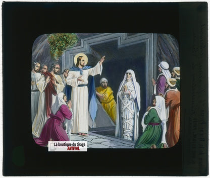 Résurrection de Lazare, illustration, plaque verre ancienne, couleur 8,5x10 cm