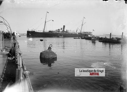 Paquebot dans le port d’Alger, plaque verre photo ancienne, négatif 9x12 cm