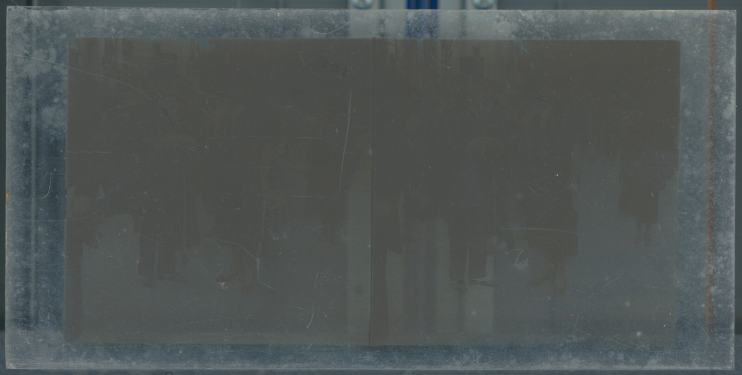 Scène de vie, Longchamp, Paris, plaque verre stéréoscopique, positif 8,5x17 cm