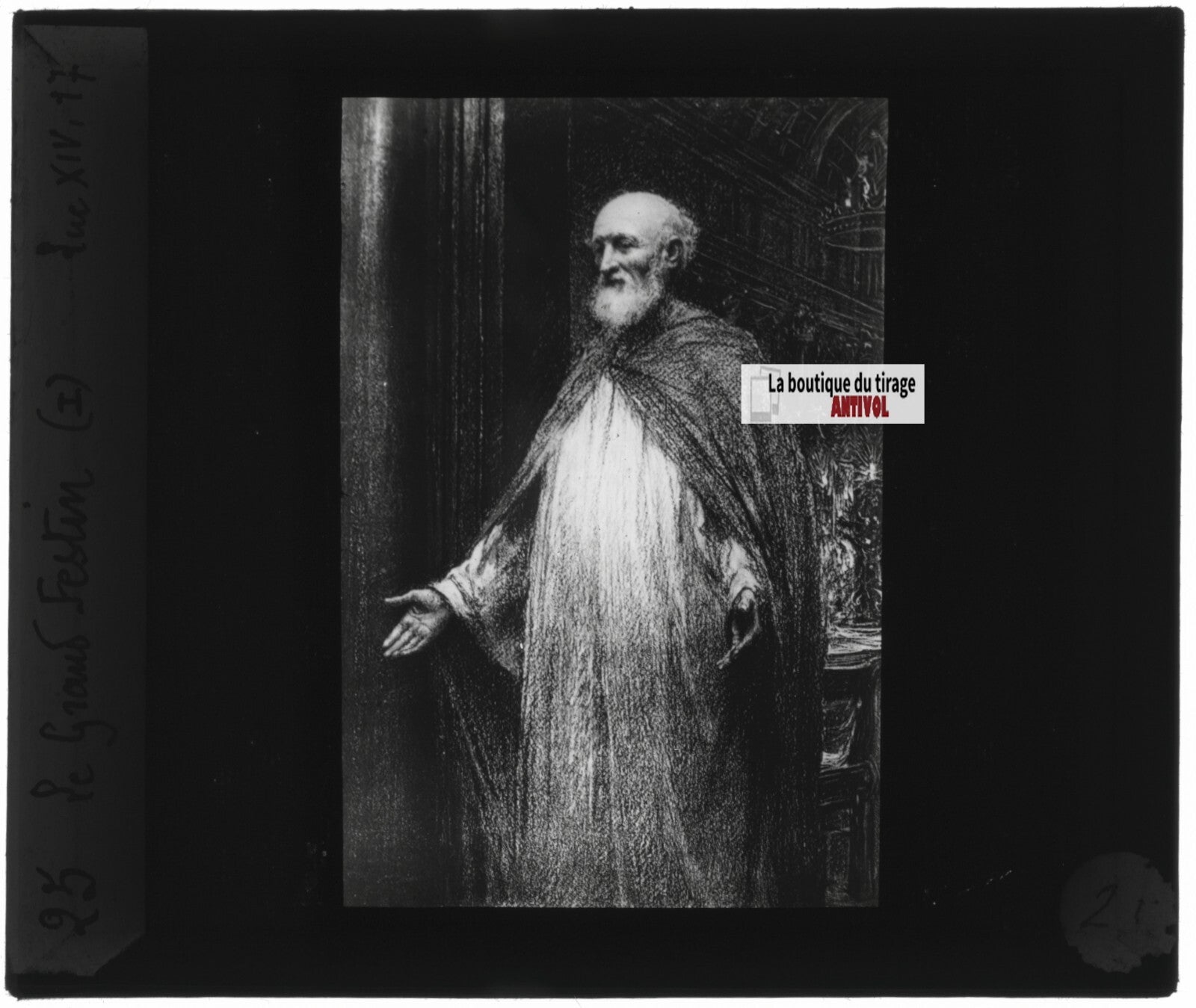 Luc, scène religieuse, dessin peinture plaque de verre, positif 8,5x10 cm