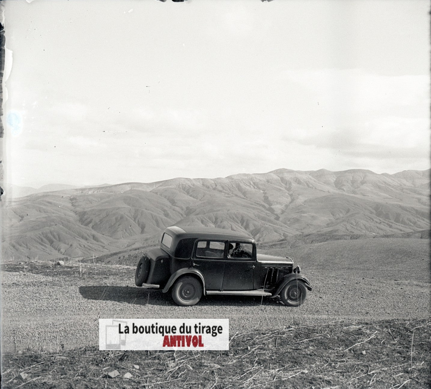 Algérie, voiture, plaque verre, photo stéréo, négatif noir & blanc 6x13 cm