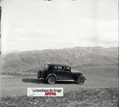 Algérie, voiture, plaque verre, photo stéréo, négatif noir & blanc 6x13 cm