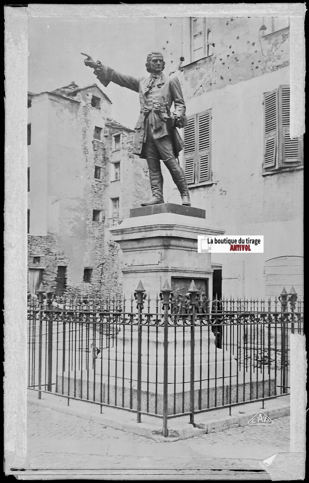 Corse, Corte, Gaffori statue, Plaque verre photo, négatif noir & blanc 9x14 cm