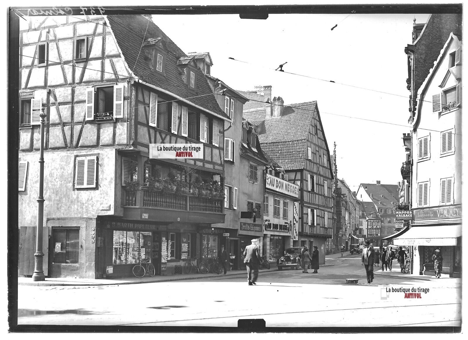 Plaque verre photo ancienne positif noir et blanc 13x18 cm Colmar voitures rue