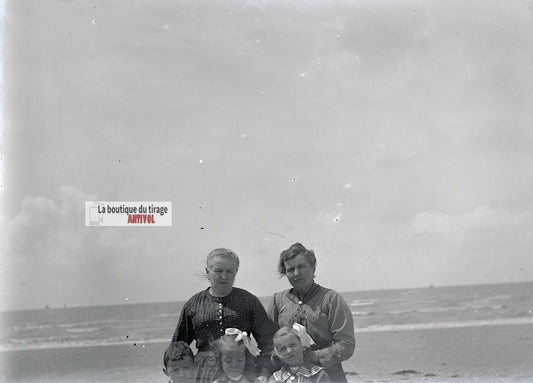 Berck-sur-Mer, portrait familial, plaque verre photo ancienne, négatif 9x12 cm