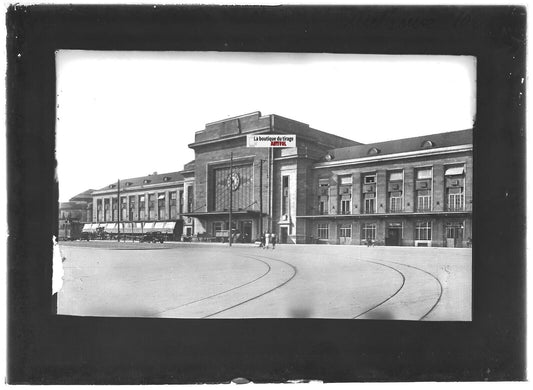 Plaque verre photo ancienne positif noir & blanc 13x18 cm Mulhouse gare ville