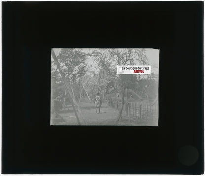 Jardiniers, parc, Japon, photo plaque verre, noir & blanc, positif 8,5x10 cm