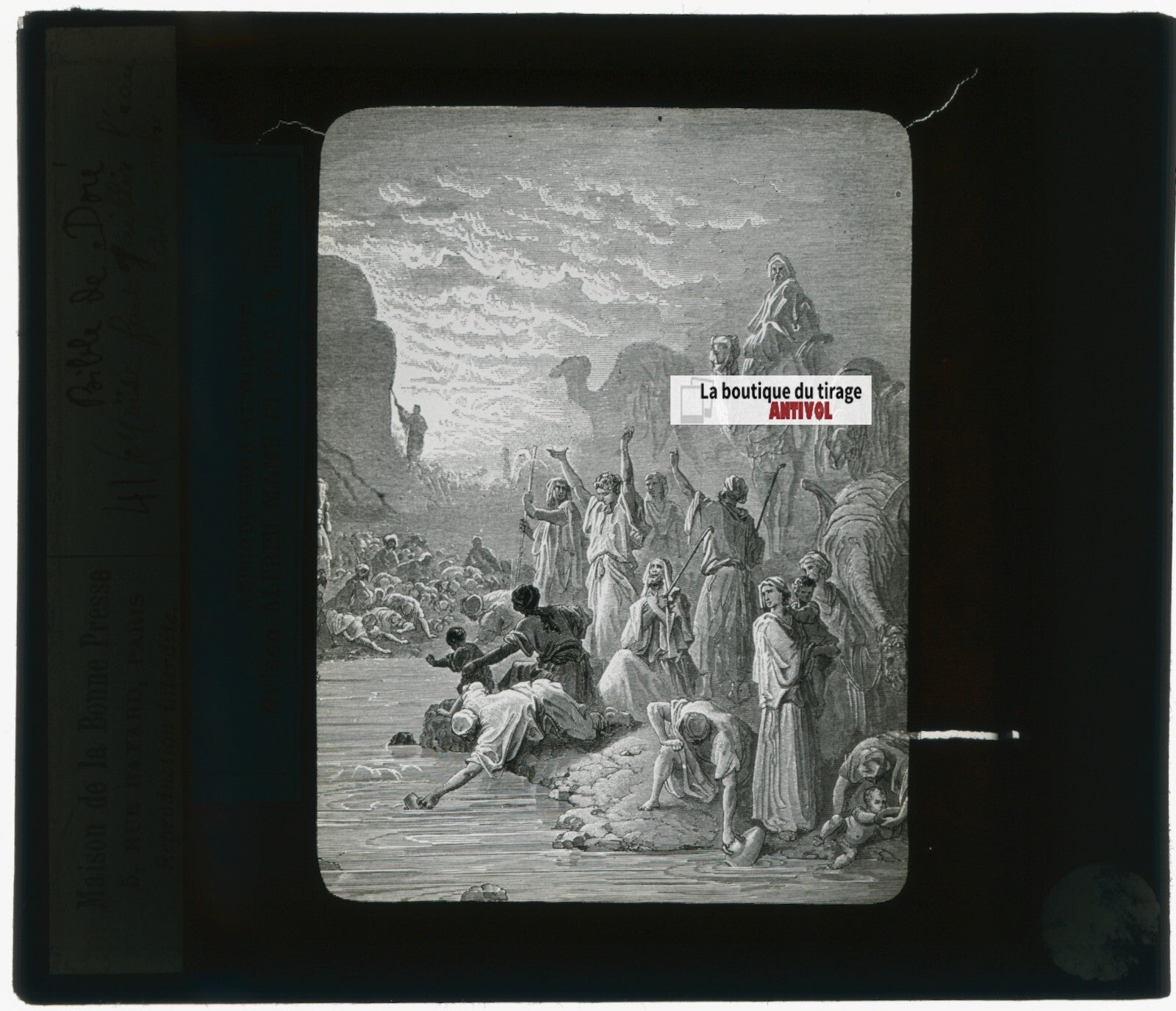 Histoire, Bible Doré, dessin, plaque de verre, noir & blanc, positif 8,5x10 cm