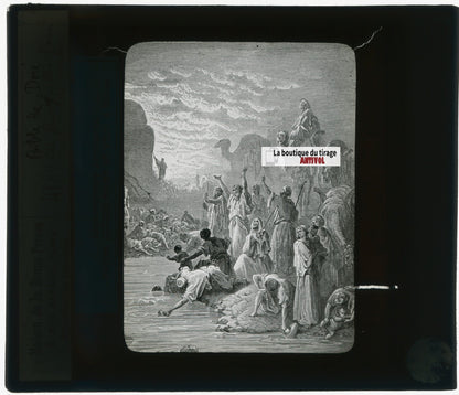 Histoire, Bible Doré, dessin, plaque de verre, noir & blanc, positif 8,5x10 cm