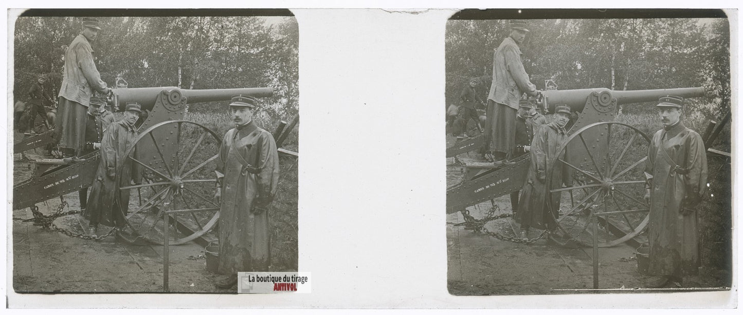 19ᵉ régiment d’artillerie canon, plaque verre stéréo, photo ancienne 4,5x10,7 cm