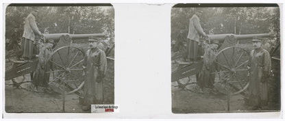 19ᵉ régiment d’artillerie canon, plaque verre stéréo, photo ancienne 4,5x10,7 cm