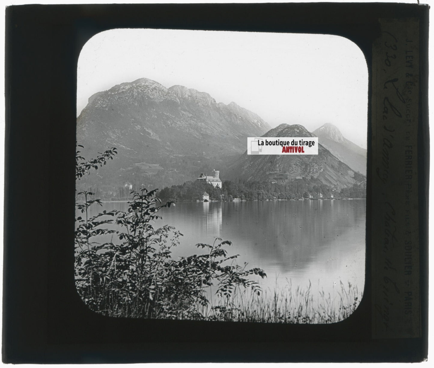 Chateau Duingt, Annecy lac, photo plaque verre, noir & blanc, positif 8,5x10 cm