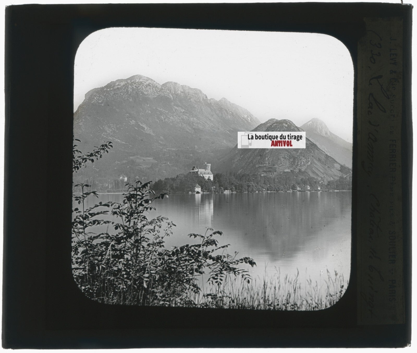 Chateau Duingt, Annecy lac, photo plaque verre, noir & blanc, positif 8,5x10 cm