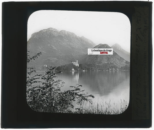 Chateau Duingt, Annecy lac, photo plaque verre, noir & blanc, positif 8,5x10 cm