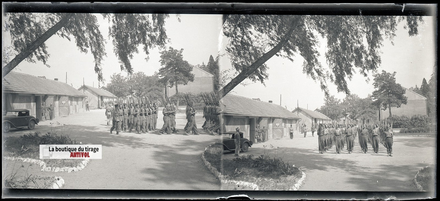 Camp du Ruchard, militaires, plaque verre, photo ancienne, négatif N&B 6x13 cm