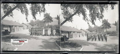 Camp du Ruchard, militaires, plaque verre, photo ancienne, négatif N&B 6x13 cm