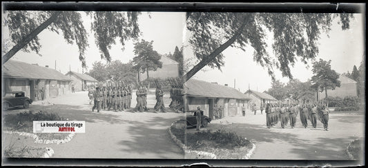 Camp du Ruchard, militaires, plaque verre, photo ancienne, négatif N&B 6x13 cm