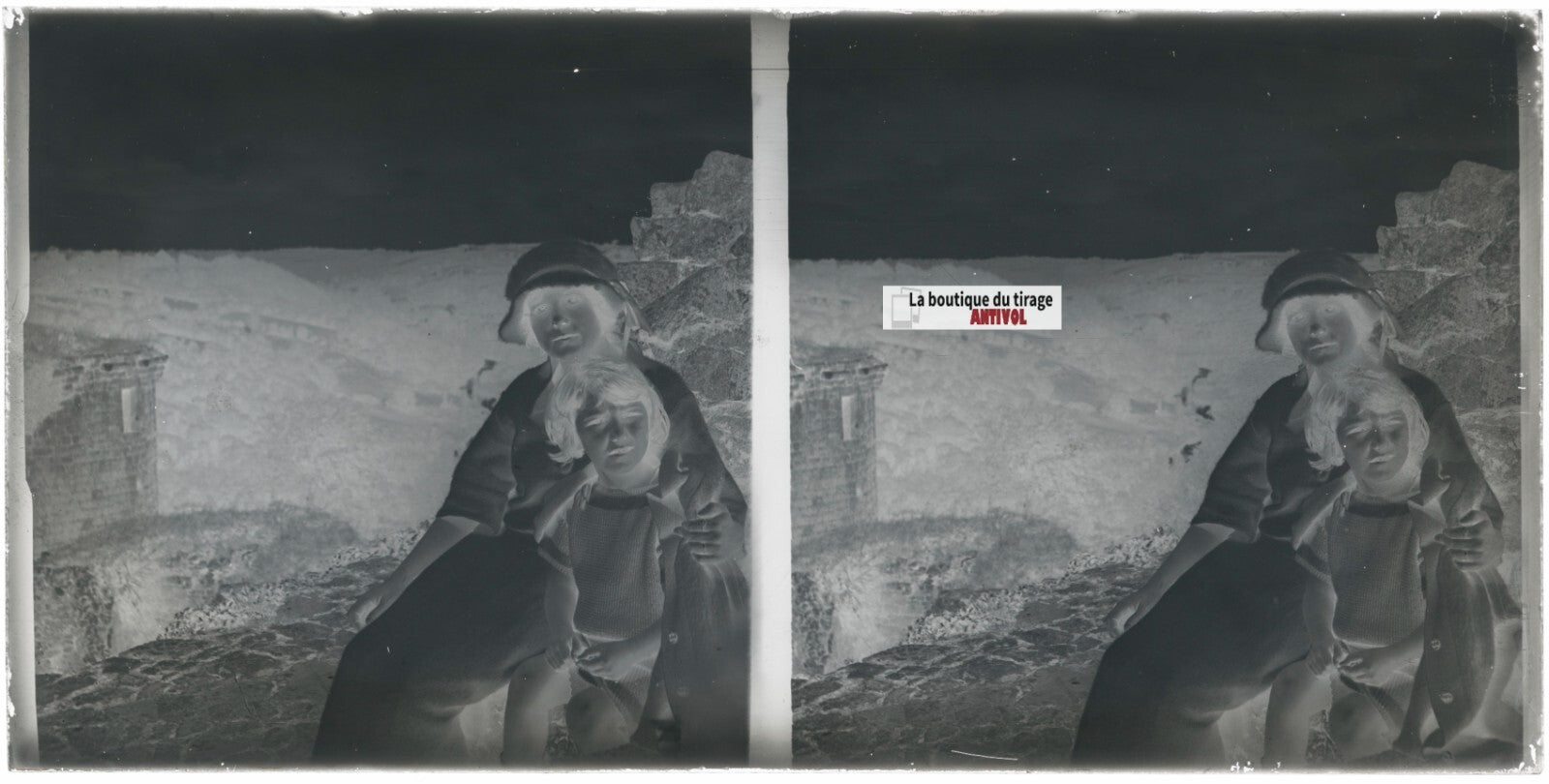 Ruine, personnages, Bretagne, stéréoscopie, photo plaque verre, négatif 9x18 cm