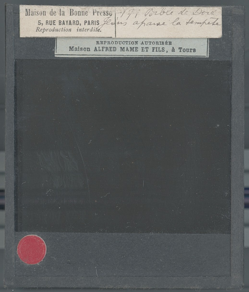 Jésus apaise la tempête, Bible Doré, dessin, plaque verre, positif 8,5x10 cm