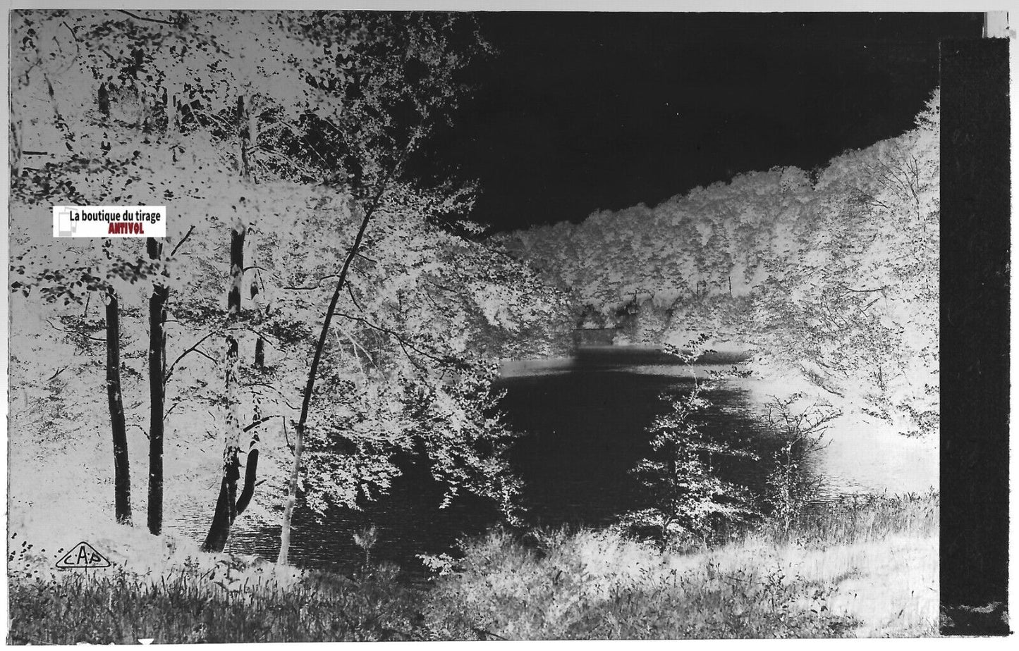 Plaque verre photo négatif noir & blanc 9x14 cm, La Bourboule, barrage, lac