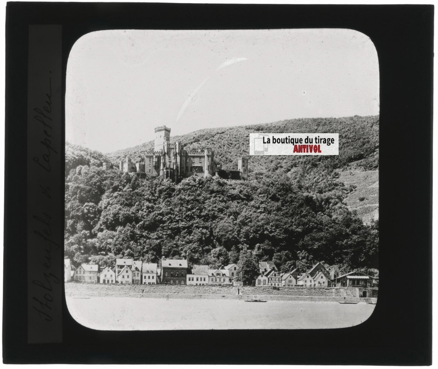 Château de Stolzenfels, Coblence, photo ancienne plaque verre, positif 8,5x10 cm