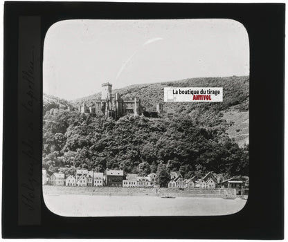 Château de Stolzenfels, Coblence, photo ancienne plaque verre, positif 8,5x10 cm