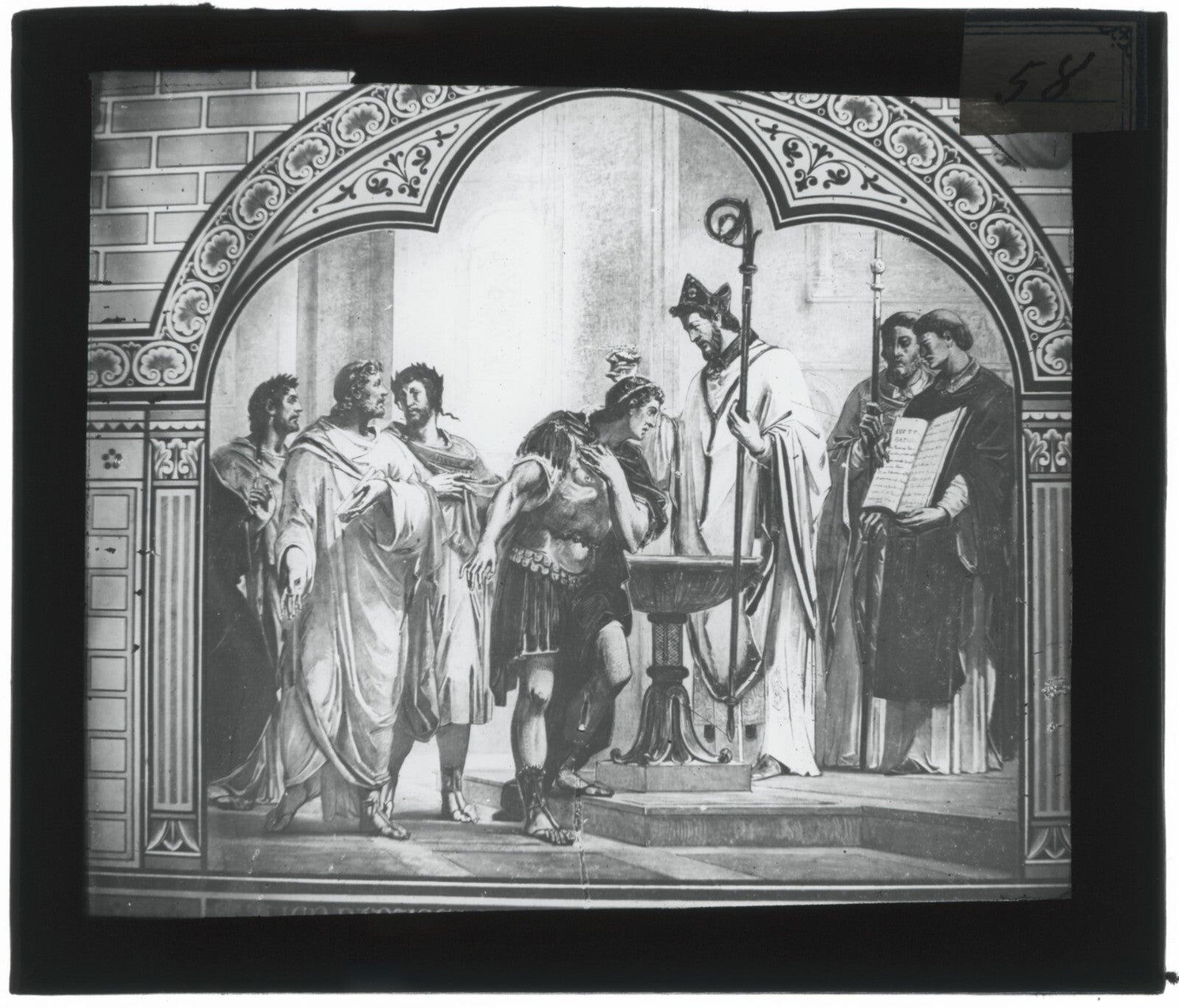 Scène religieuse, dessin peinture, photo plaque verre, positif 8,5x10 cm