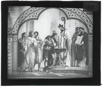 Scène religieuse, dessin peinture, photo plaque verre, positif 8,5x10 cm