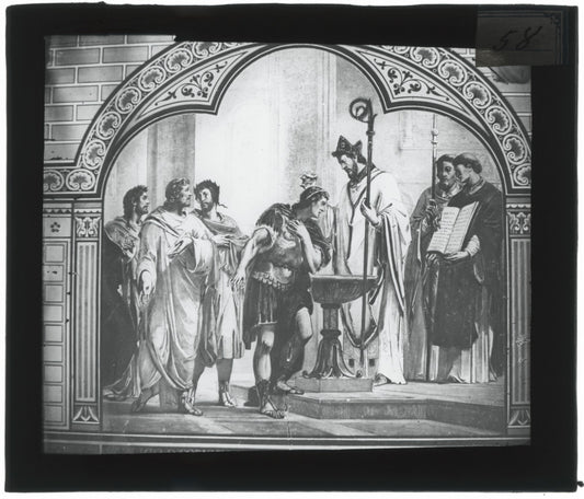 Scène religieuse, dessin peinture, photo plaque verre, positif 8,5x10 cm