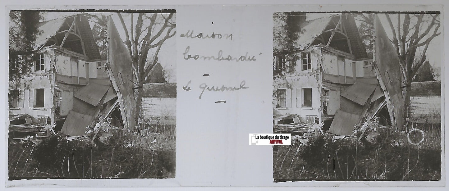 Le Quesnel, bombardement, Plaque verre stéréo, positif noir & blanc 4,5x10,7 cm