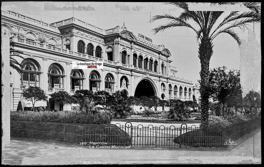 Plaque verre photo ancienne, négatif noir & blanc 9x14 cm, Menton, le Casino