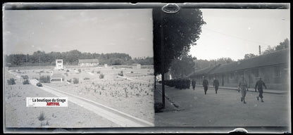 Camp du Ruchard, soldats, plaque verre, photo ancienne, négatif N&B 6x13 cm
