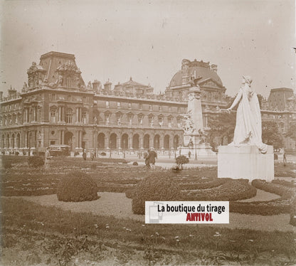Cour Napoléon, Tuileries, Paris, plaque verre, photo stéréoscopie, N&B 6x13 cm