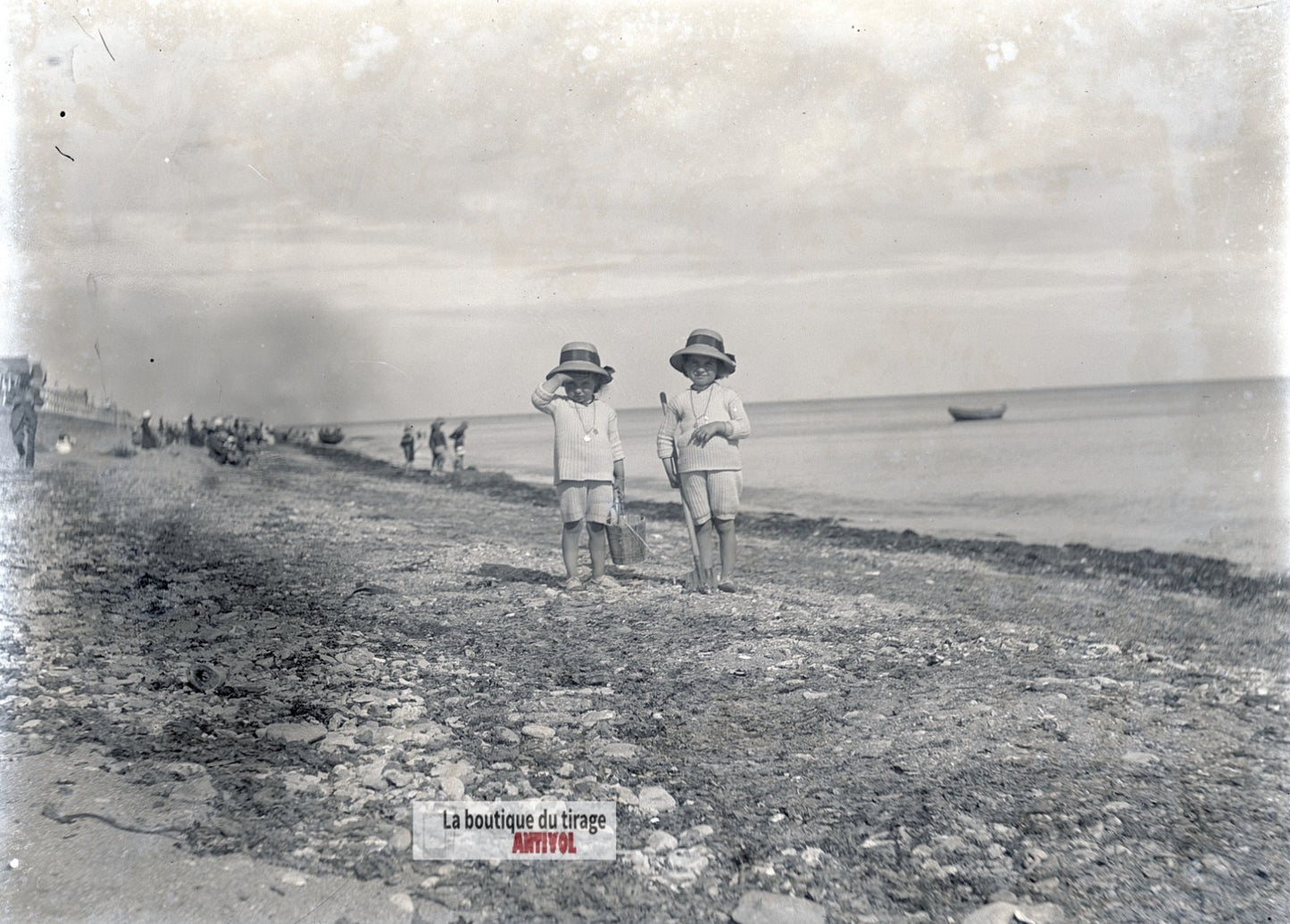 Plage, Berck-sur-Mer, enfants, plaque verre photo ancienne, négatif 9x12 cm